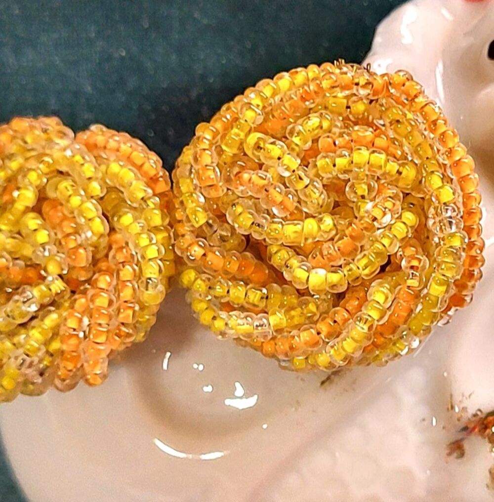 Vintage Glass Seed Beads Knotted Yellow Orange Handmade Clip-On Button Earrings